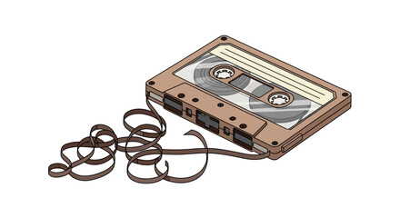 Vintage cassette tape with its magnetic tape spilling out, , representing retro music and analog audio technology from the past
