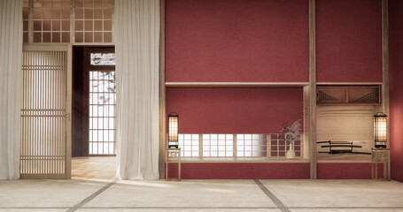 Red color Empty muji, minimal japanese wooden room interior ,minimal style.3D rendering