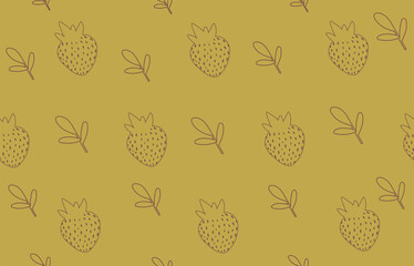 Khaki Olive Green Strawberry Outline Seamless Pattern Vector for Home Decor