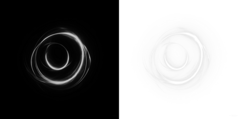 Abstract circular light swirl illustration on contrasting black and white backgrounds, showcasing dynamic movement and fluidity, perfect for creative design projects and visual storytelling