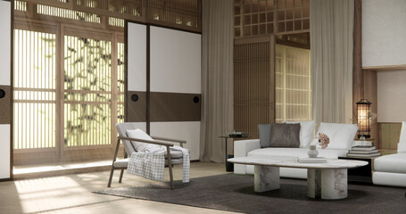 japanese Armchair sofa and table decoration on wabi sabi style. 3D illustration rendering
