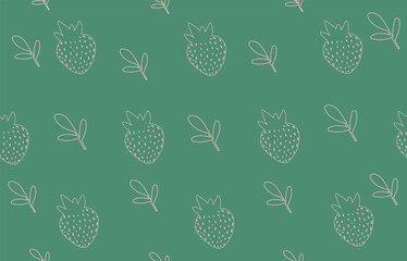 Minimalist Strawberry Outline Seamless Pattern Vector on Hunter Green Background