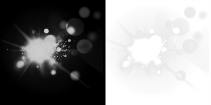 Abstract black and white PNG overlay featuring luminous bokeh effects and light bursts, ideal for creative projects and enhancing visual storytelling with copy space