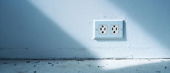 The Electrical Outlet on a Sunlit Blue Wall with Shadowed Concrete Floor