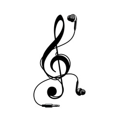 Black treble clef symbol is intricately intertwined with pair black earbuds and their audio jack, representing the fusion classical music and modern portable listening devices