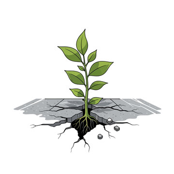 Green plant with leaves and roots growing through cracked pavement, symbolizing resilience, hope, and natures persistence against urban obstacles