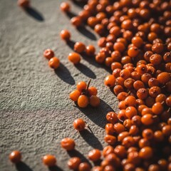 Bright orange berries scattered on a textured grey surface, sunlit