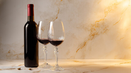 countertop. Elegant wine bottle and crystal-clear glasses on marble countertop with golden lighting. bar promotions, beverage menus, designed for food & beverage menus and cafe branding.

