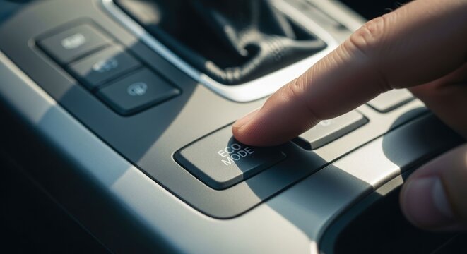 Close-up of finger pressing car's 'ECO MODE' button in sunlight