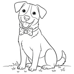 Fototapeta premium Vector art of cute cartoon dog wearing a bow tie sitting on grass, line art cute animal coloring page