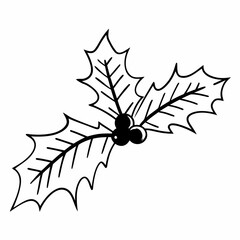 A sprig of holly with two leaves and three berries, simple line art, white background