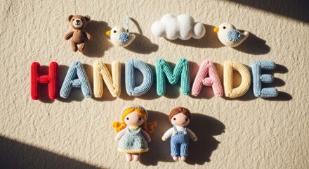 Colorful knitted 'HANDMADE' text and cute crochet dolls, animals