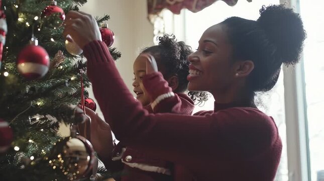 Joyful Christmas Moments: A mother and child share a heart-warming moment, decorating the Christmas tree with ornaments, capturing the essence of family bonding and festive cheer.