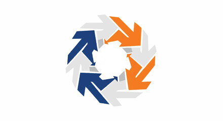 A circular arrangement of arrows pointing in different directions, with blue, orange, and gray colors on a white background.