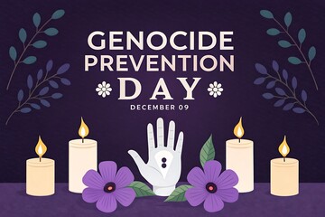 Genocide Prevention Day Vigil With Candles, Hand Symbol, And Purple Flowers For Remembrance And Peace