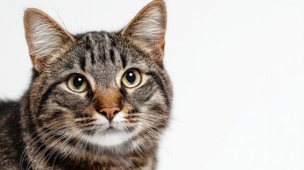 Fototapeta premium Studio portrait of a sitting tabby cat looking forward against a white back ground