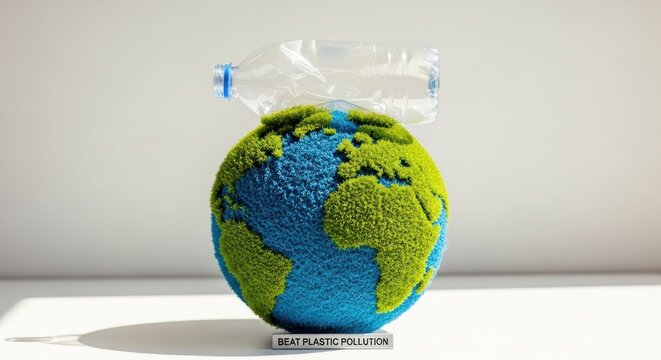 Crumpled plastic bottle atop a fuzzy globe 'Beat Plastic Pollution' - Powered by Adobe