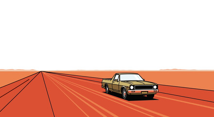 Vintage pickup truck driving on long, straight, empty road through desert landscape with orange hues, conveying sense journey and freedom © Bening