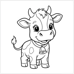 Fototapeta premium Vector art of cute cartoon calf with a bell around its neck standing cute animal coloring page