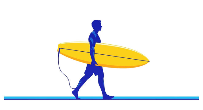 Silhouette man walking with yellow surfboard under his arm on blue surface, representing beach or surf lifestyle