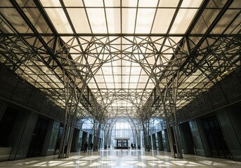 Wide-angle view of a large, futuristic atrium or hall with a complex steel truss structure and a brightly lit translucent ceiling.