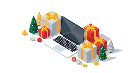 Festive desktop scene with gifts and holiday decor in isometric style