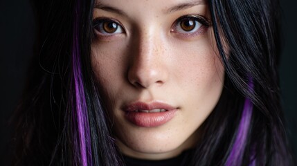 a gorgeous 28 year old woman, half Japanese half Scottish, long black hair with purple streak highlights, hazel almond shaped eyes
