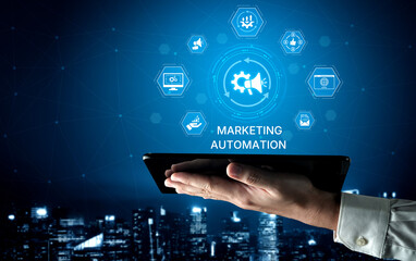 Marketing automation diagram showcase AI-driven campaign workflow, highlight marketing automation,...