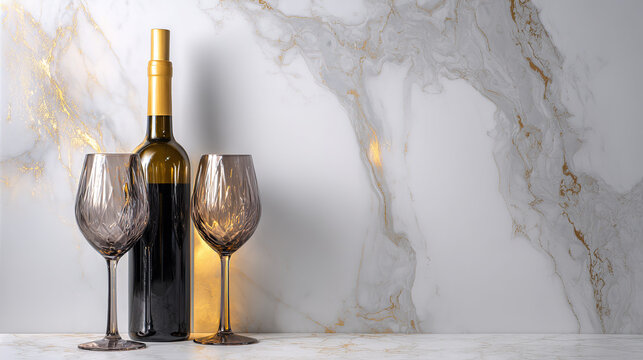 countertop. Elegant wine bottle and crystal-clear glasses on marble countertop with golden lighting. bar promotions, beverage menus, designed for food & beverage menus and cafe branding.
