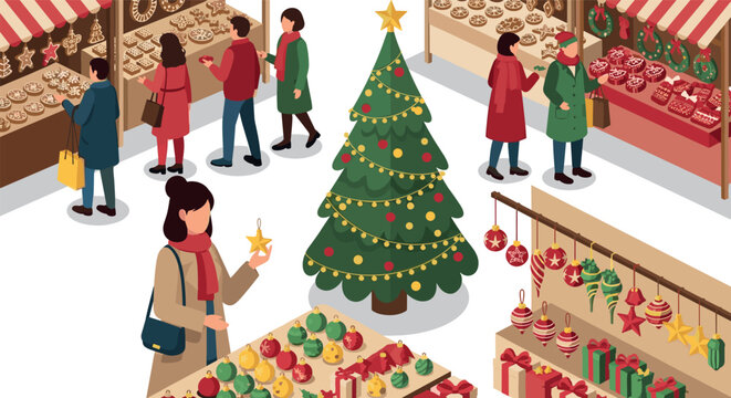 Festive christmas market scene with tree and shoppers in cozy winter attire