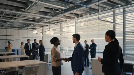 a group of business professionals in a modern office environment, two people shaking hands in the center, others networking and talking - Powered by Adobe