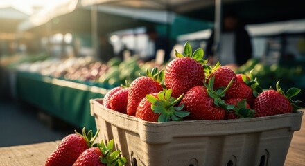 Fresh ripe strawberries foreground, bustling outdoor market scene
