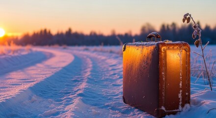 Packed suitcase beside snow-covered path winter travel and adventure concept — vacation and journey inspiration