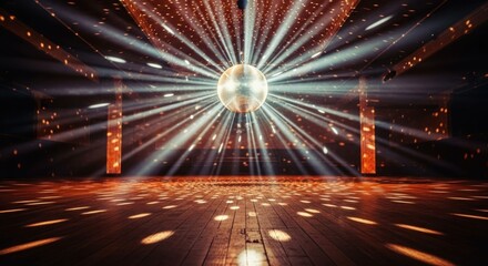 Glittering disco ball with sparkling light beams in a dark room