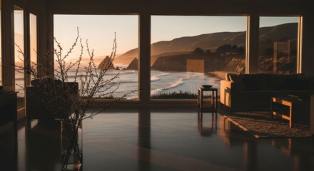 Golden hour ocean view from a modern room with branches