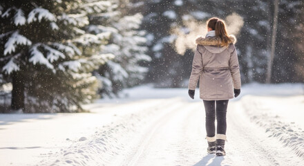 Woman walking snowy trail winter travel lifestyle — cold weather and outdoor adventure concept