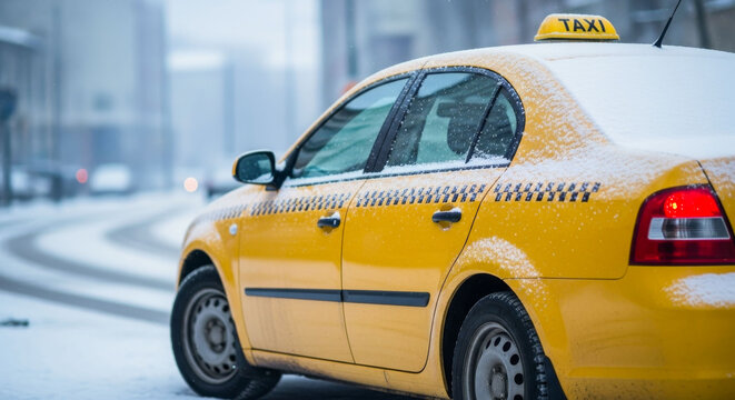 Yellow taxi snow road urban winter transportation — city travel and cold weather driving concept