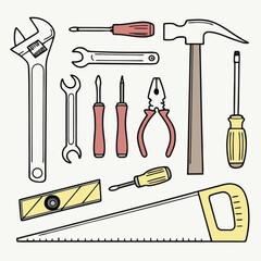 Vector design of professional tools, including screwdrivers, wrenches, tape, and a cutter, representing the construction and repair concept