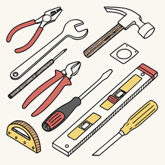 Vector flat design of different hand tools arranged in an organized manner, symbolizing construction and engineering work