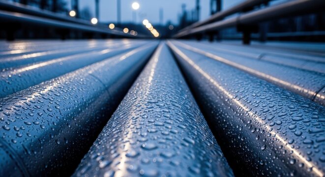 Industrial pipelines covered in water drops; low light setting