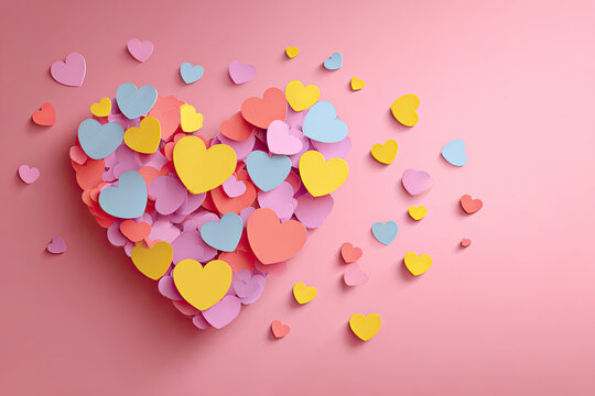 
Big heart shape on gradient pink background. Many small hearts of different colors with shadow layer, flat design. Vector banner of happy Woman's, Mother's Day, Valentine's, wedding invitation.