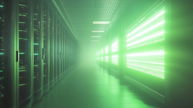 Abstract 3D background with binary code in a long, empty office hallway with green lines leading to an entrance door