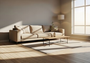 Modern Living Room Interior with Beige Sofa and Sunlight