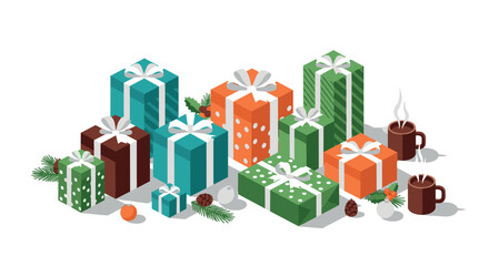 Fototapeta premium Festive gift boxes and hot cocoa in isometric design with holiday decorations