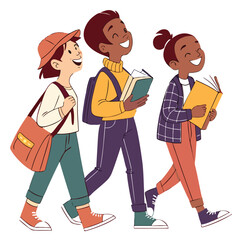 Stylish vector art of young people walking with backpacks symbolizing students, lifestyle, and friendship