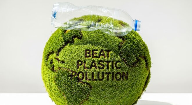 Mossy globe with "BEAT PLASTIC POLLUTION" and a plastic bottle