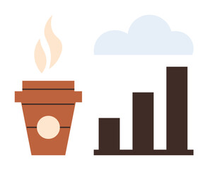 Coffee cup with steam, bar chart with growth trend, and cloud. Ideal for productivity, business, work-life balance, motivation, modern work culture, efficiency simple flat metaphor