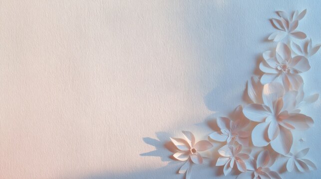 Delicate floral paper cutouts arranged on a wide canvas, soft pastel background, handmade textures, gentle shadows and light gradients, craft paper