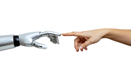 A hyperrealistic image depicting a human hand and a robotic hand reaching towards each other on transparent background. Human hand and robot hand touching.