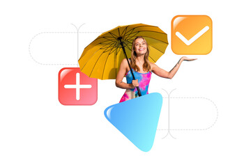 Full image banner 3d pop photo collage of happy businesswoman hold umbrella plus checkmark icon...